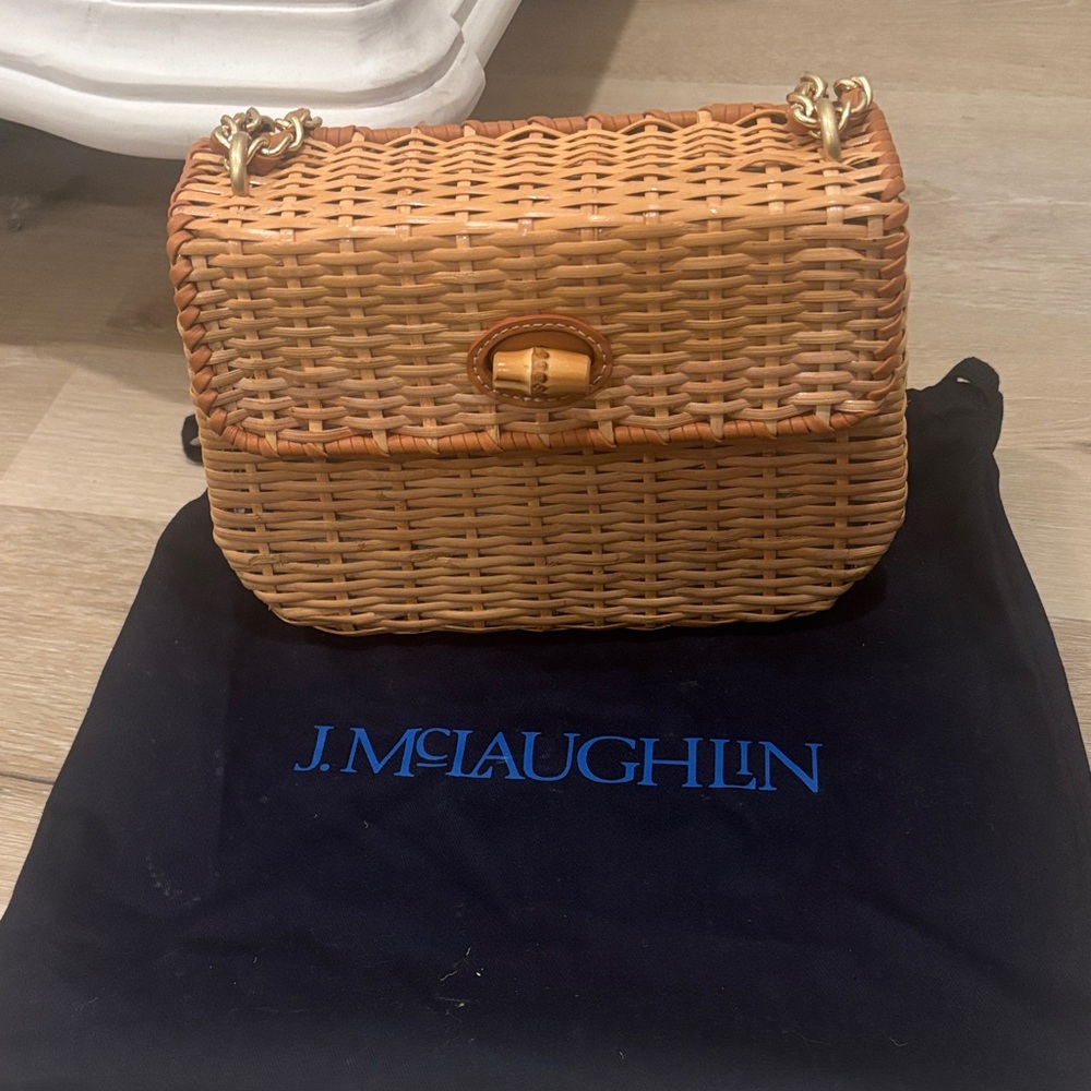 J. McLaughlin Tan Woven Rattan Crossbody with Gold Chain